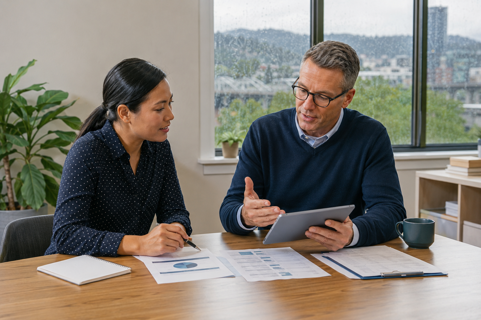 CleanNet commercial cleaning franchise owner managing operations in a modern Portland, Oregon office