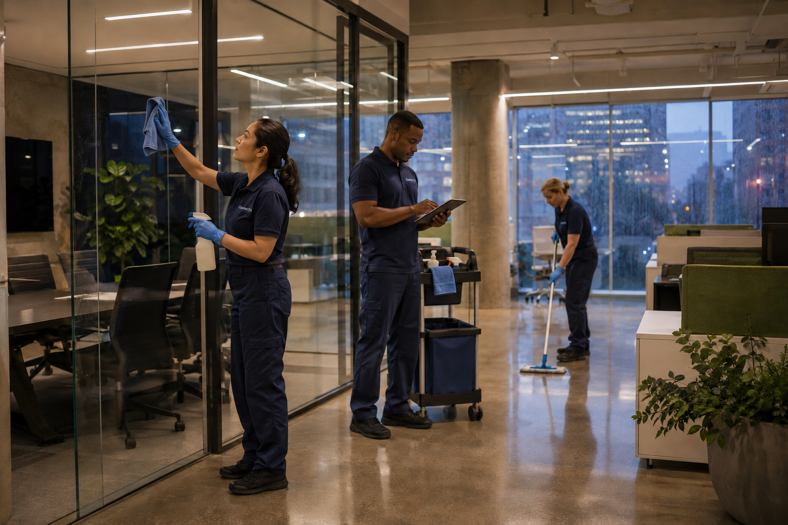 CleanNet commercial cleaning team providing professional janitorial services in a modern Portland office